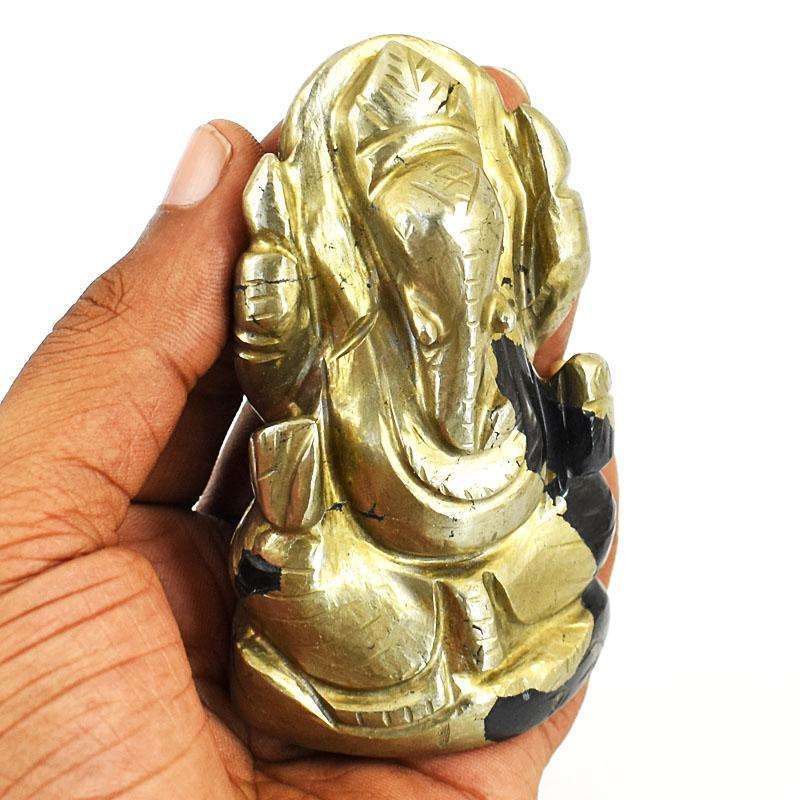 gemsmore:Exclusive Pyrite Hand Carved Genuine Crystal Gemstone Carving Lord Ganesha