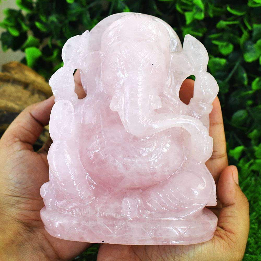 gemsmore:Exclusive Rose Quartz Hand Carved Genuine Crystal Gemstone Carving Lord Ganesha