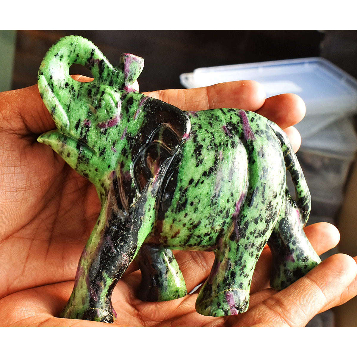 gemsmore:Exclusive Ruby Zoisite Hand Carved Genuine Crystal Gemstone Carving Elephant