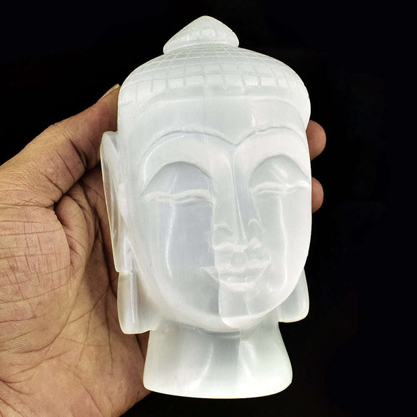 gemsmore:Exclusive Selenite Hand Carved Genuine Crystal Gemstone Carving Buddha Head