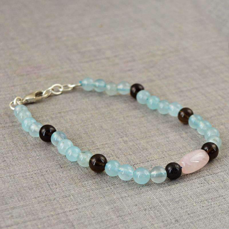 gemsmore:Exclusive Smoky Quartz & Blue Aquamarine Bracelet Natural Round Shape Beads