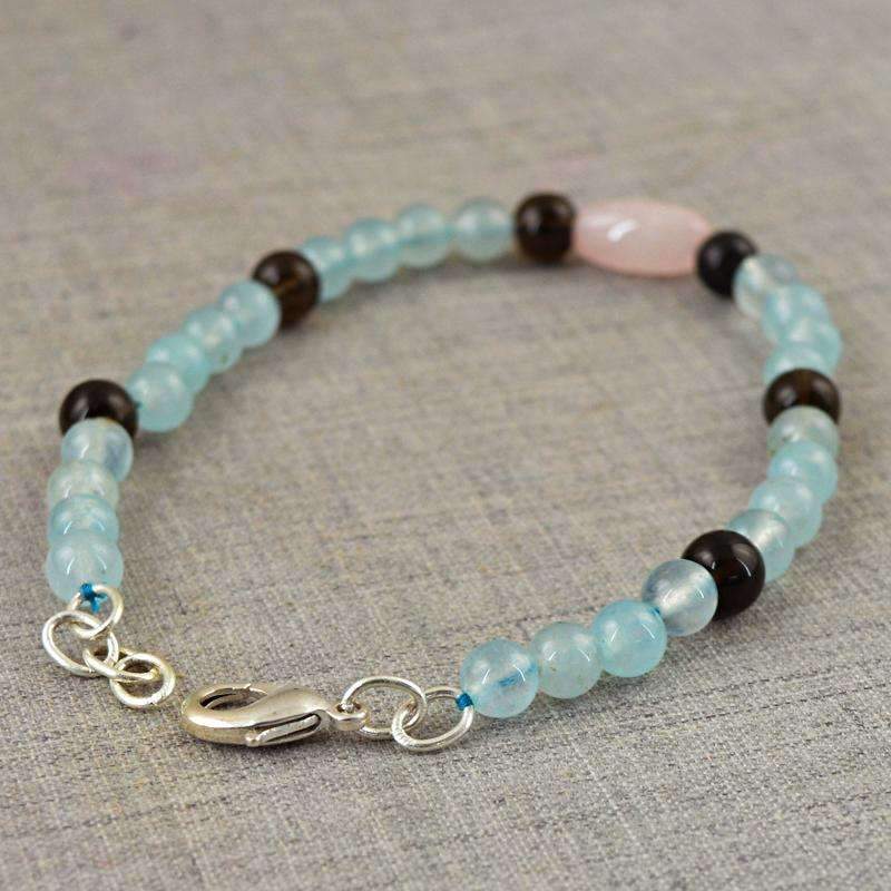 gemsmore:Exclusive Smoky Quartz & Blue Aquamarine Bracelet Natural Round Shape Beads