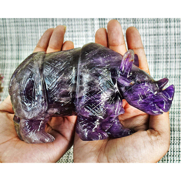 gemsmore:Exclusive Super Seven Amethyst Hand Carved Genuine Crystal Gemstone Carving Rhino