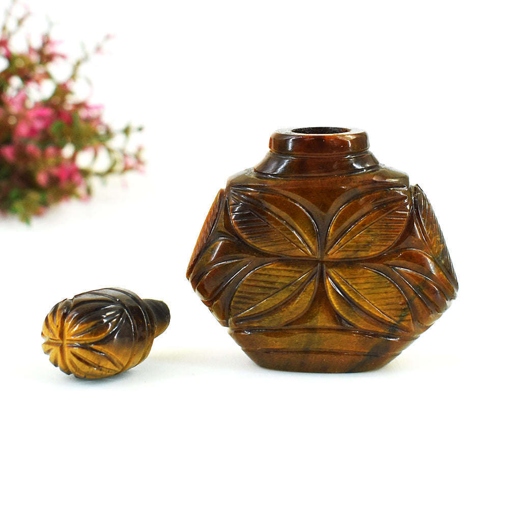 gemsmore:Exclusive Tiger Eye Hand Carved Genuine Crystal Gemstone Carving Perfume Bottle