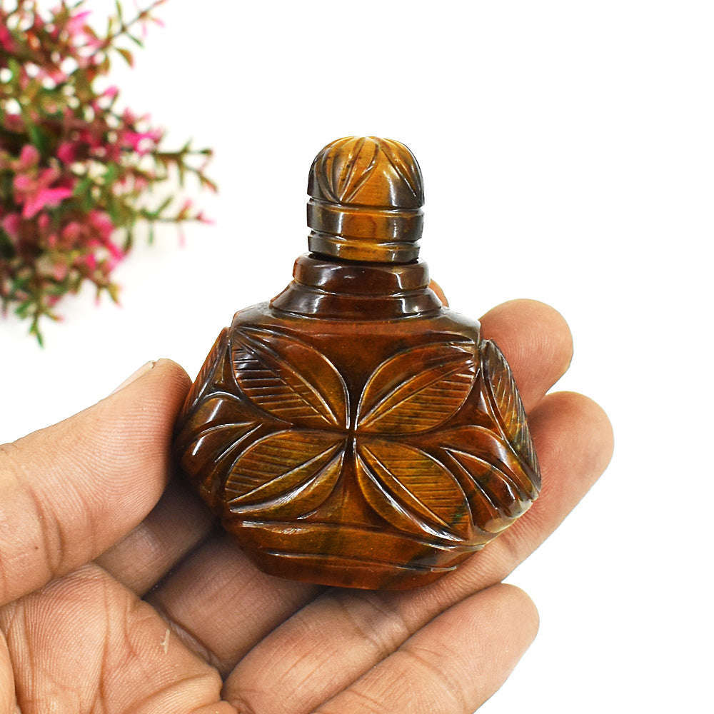 gemsmore:Exclusive Tiger Eye Hand Carved Genuine Crystal Gemstone Carving Perfume Bottle