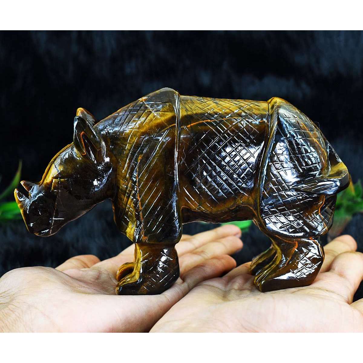 gemsmore:Exclusive Tiger Eye Hand Carved Genuine Crystal Gemstone Carving Rhino