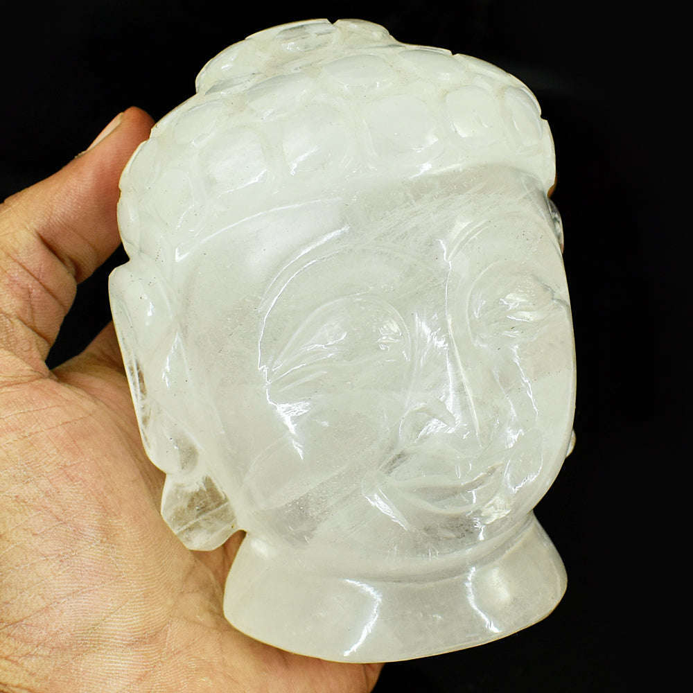 gemsmore:Exclusive White Quartz  Hand Carved Genuine Crystal Gemstone Carving Buddha Head