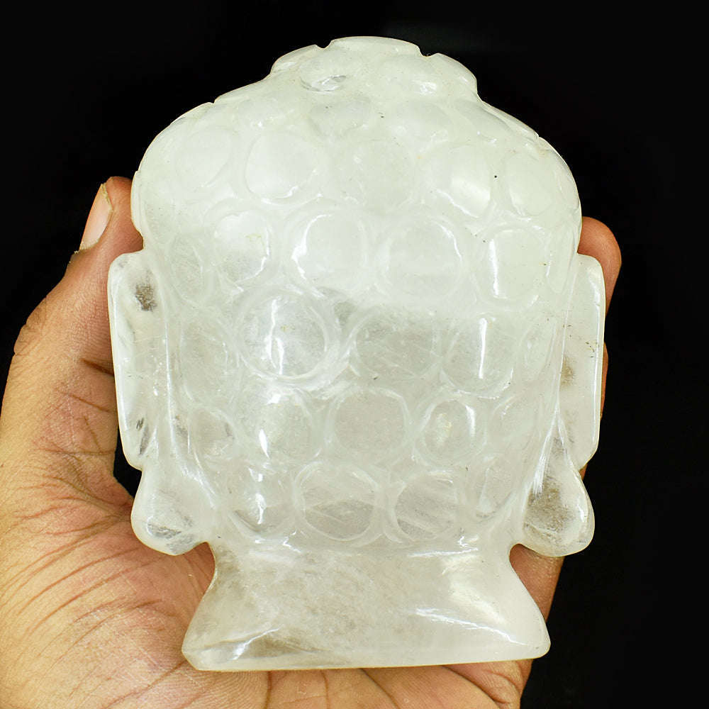 gemsmore:Exclusive White Quartz  Hand Carved Genuine Crystal Gemstone Carving Buddha Head