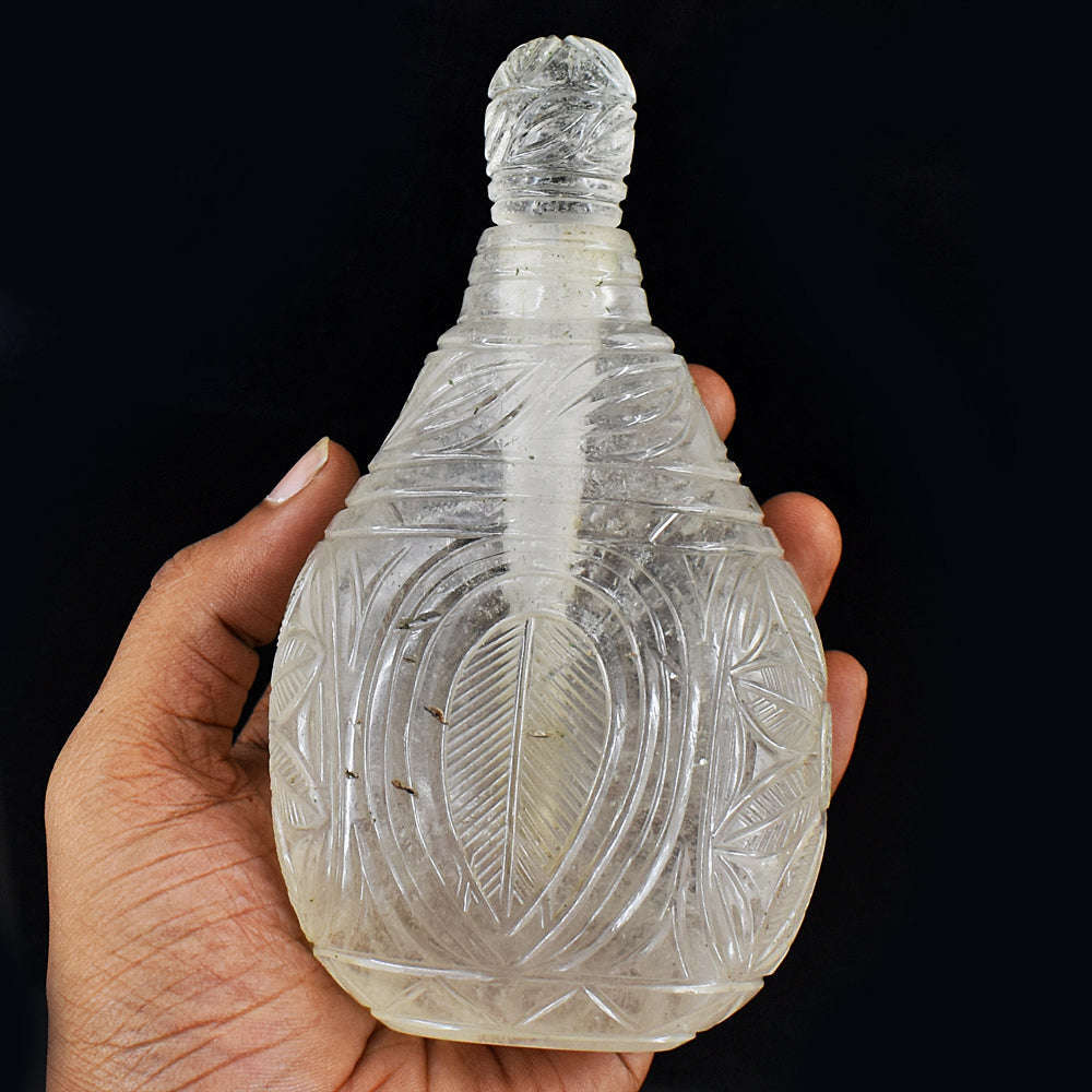 gemsmore:Exclusive White Quartz Hand Carved Genuine Crystal Gemstone Carving Perfume Bottle