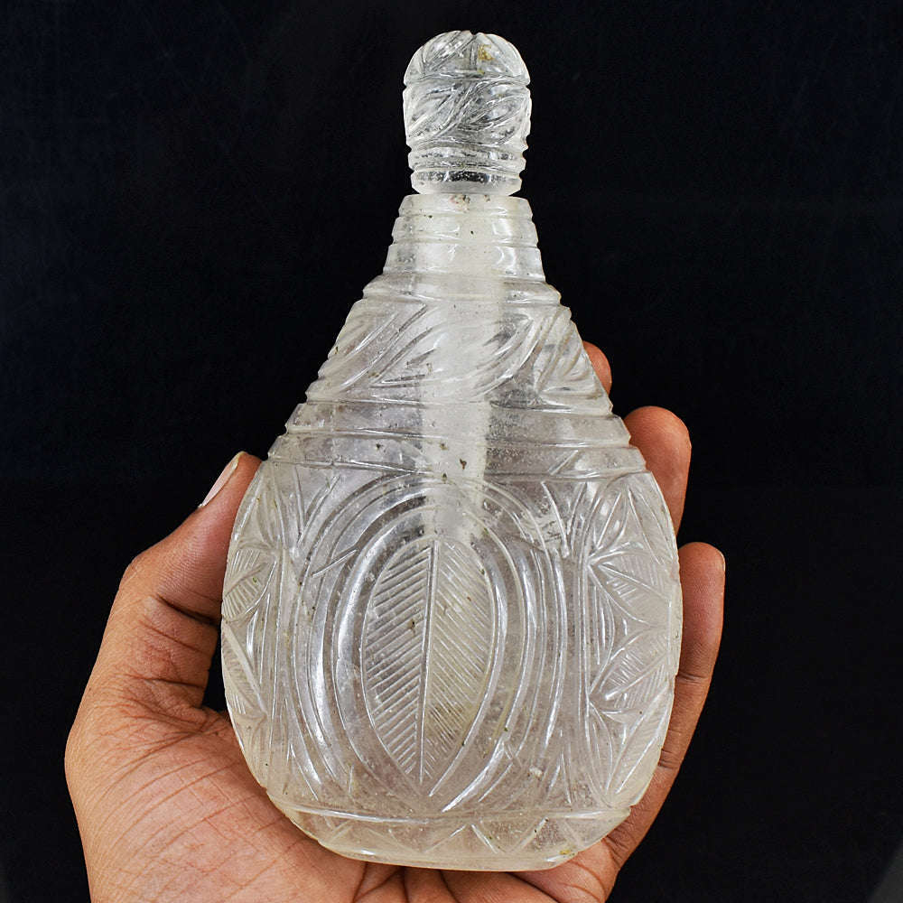 gemsmore:Exclusive White Quartz Hand Carved Genuine Crystal Gemstone Carving Perfume Bottle