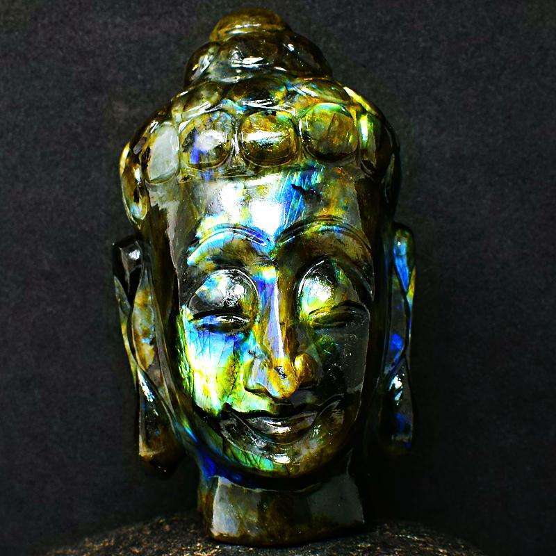 gemsmore:Fascinating Amazing Flash Labradorite Hand Carved Buddha Head