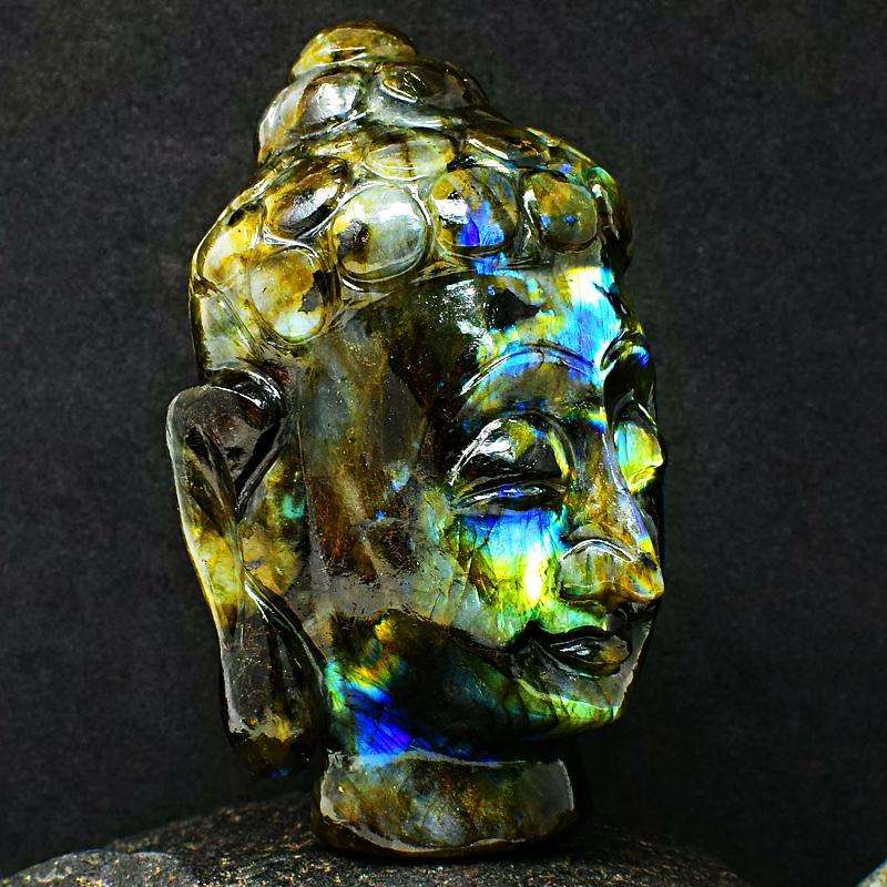 gemsmore:Fascinating Amazing Flash Labradorite Hand Carved Buddha Head