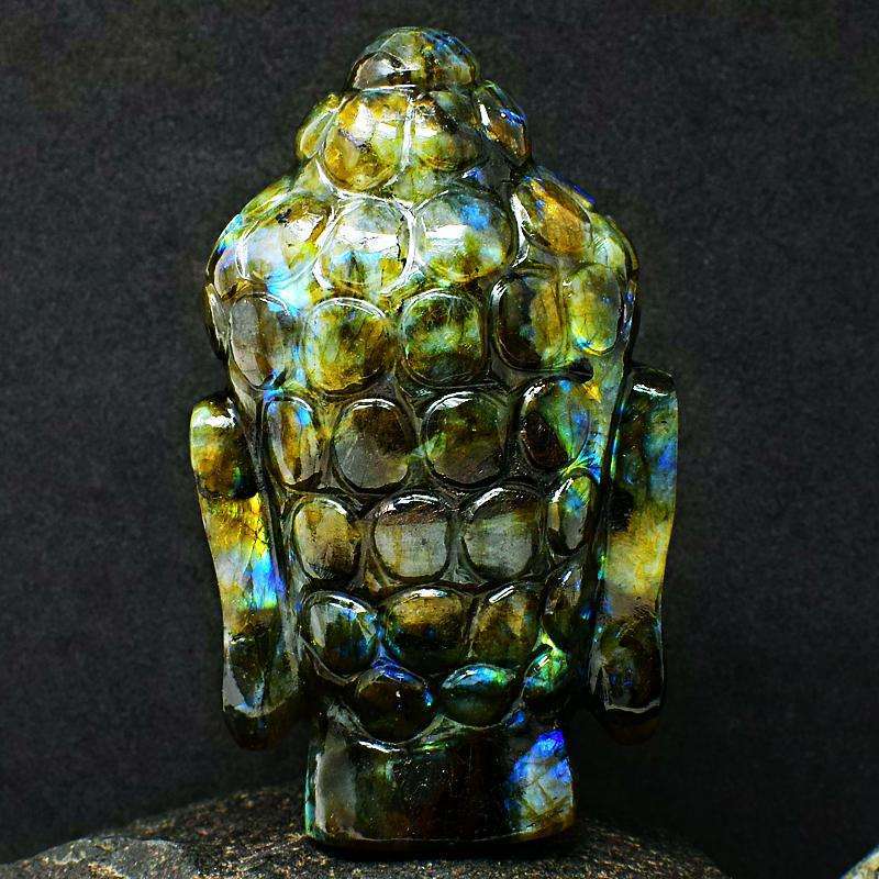 gemsmore:Fascinating Amazing Flash Labradorite Hand Carved Buddha Head