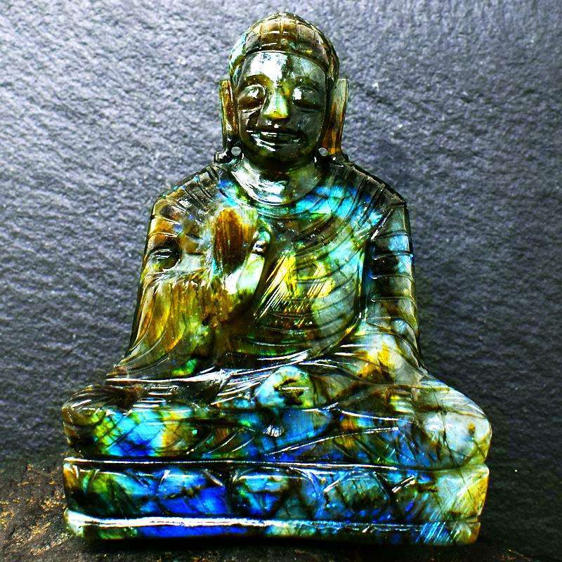 gemsmore:Flawless Flash Labradorite Hand Carved Buddha Idol