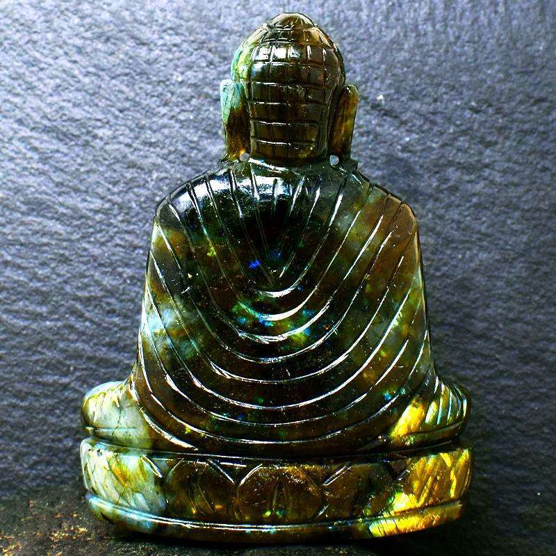 gemsmore:Flawless Flash Labradorite Hand Carved Buddha Idol