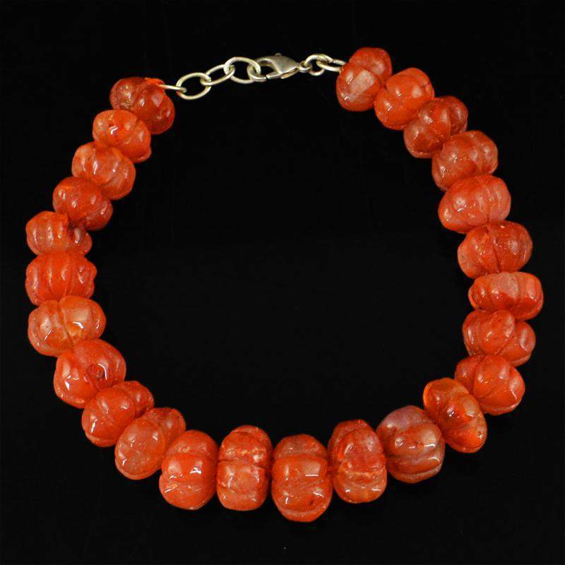 gemsmore:Flower Carved Orange Carnelian Bracelet Round Shape - Natural Beads