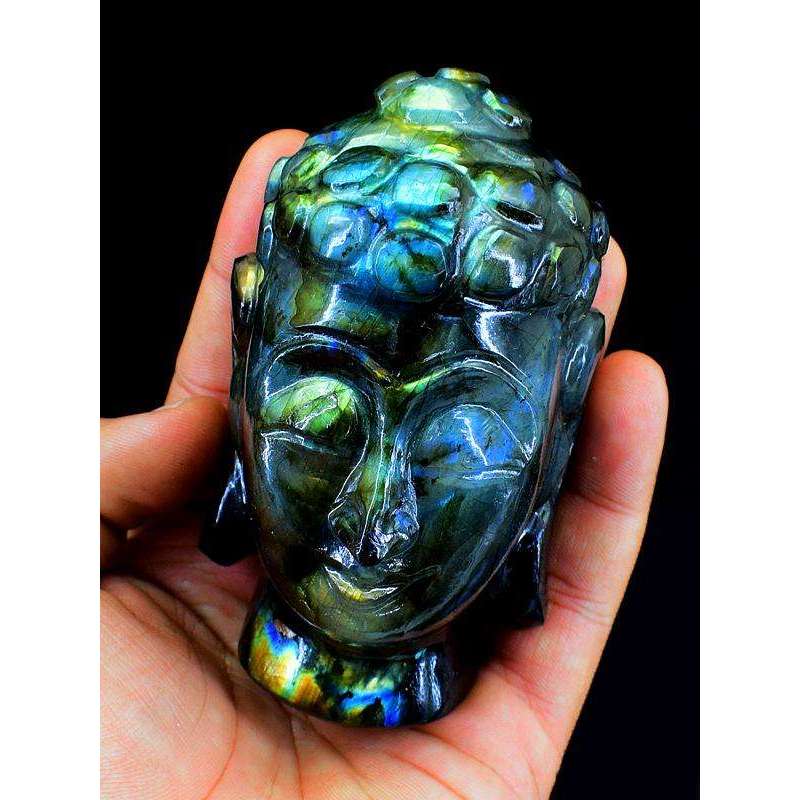 gemsmore:Genuine Amazing Flash Labradorite Carved Lord Buddha Head Idol