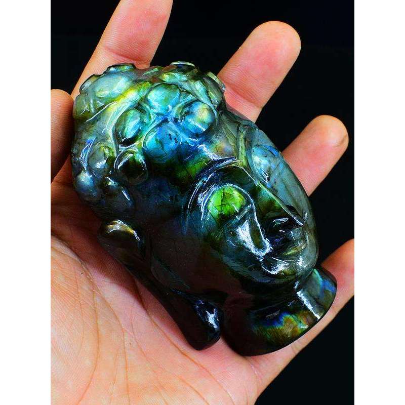 gemsmore:Genuine Amazing Flash Labradorite Carved Lord Buddha Head Idol