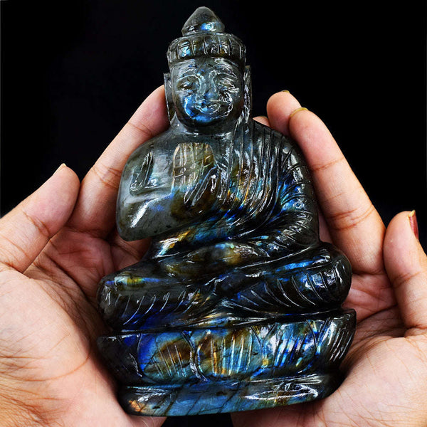 gemsmore:Genuine Amazing Flash Labradorite  Hand Carved Lord Buddha