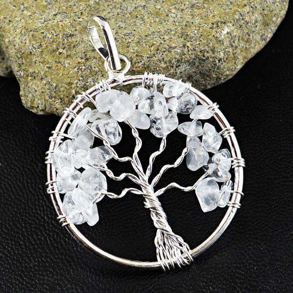 gemsmore:Genuine Amazing White Quartz Round Shape Healing Tree Pendant