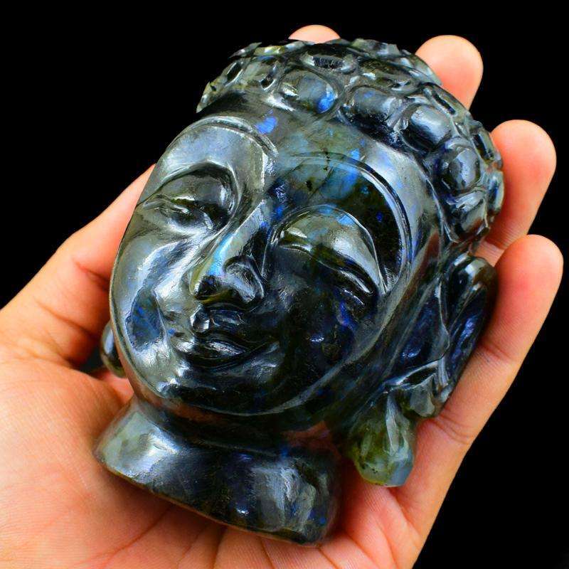 gemsmore:Genuine Blue Flash Labradorite Carved Lord Buddha Head Idol