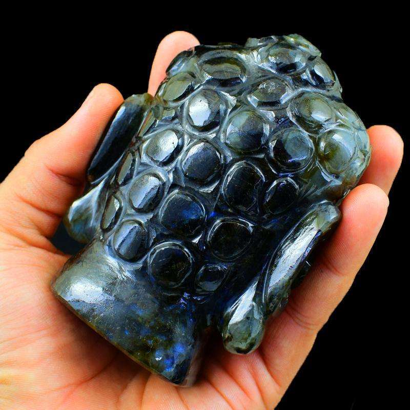 gemsmore:Genuine Blue Flash Labradorite Carved Lord Buddha Head Idol