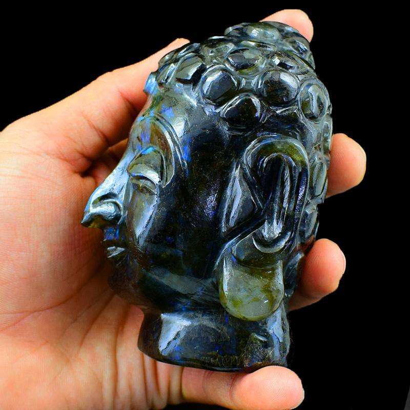 gemsmore:Genuine Blue Flash Labradorite Carved Lord Buddha Head Idol