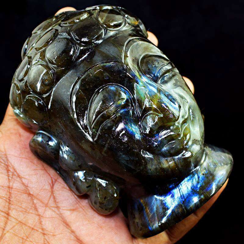 gemsmore:Genuine Blue Flash Labradorite Carved Lord Buddha Head Idol