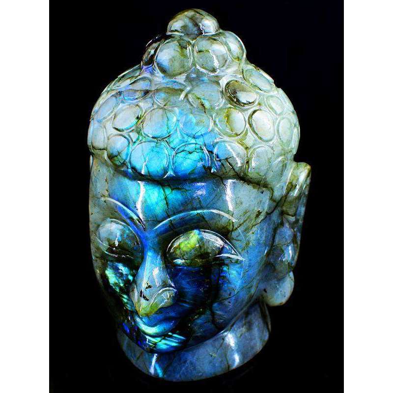 gemsmore:Genuine Blue Flash Labradorite Carved Lord Buddha Head