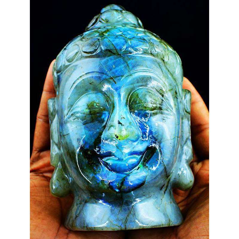 gemsmore:Genuine Blue Flash Labradorite Carved Lord Buddha Head