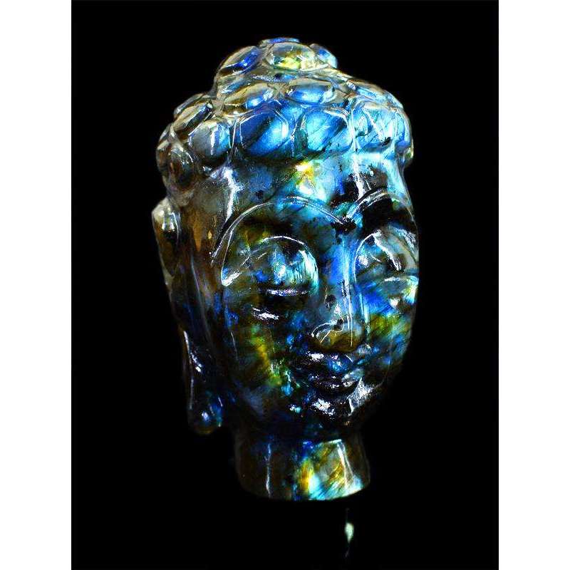 gemsmore:Genuine Blue Flash Labradorite Hand Carved Buddha Head