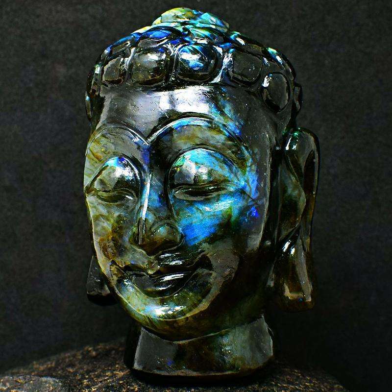 gemsmore:Genuine Blue Flash Labradorite Hand Carved Lord Buddha Head