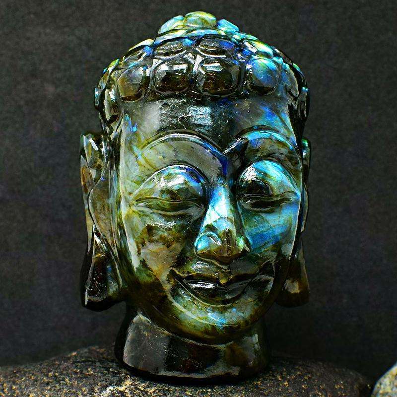 gemsmore:Genuine Blue Flash Labradorite Hand Carved Lord Buddha Head