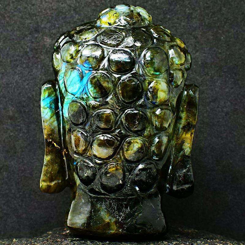 gemsmore:Genuine Blue Flash Labradorite Hand Carved Lord Buddha Head