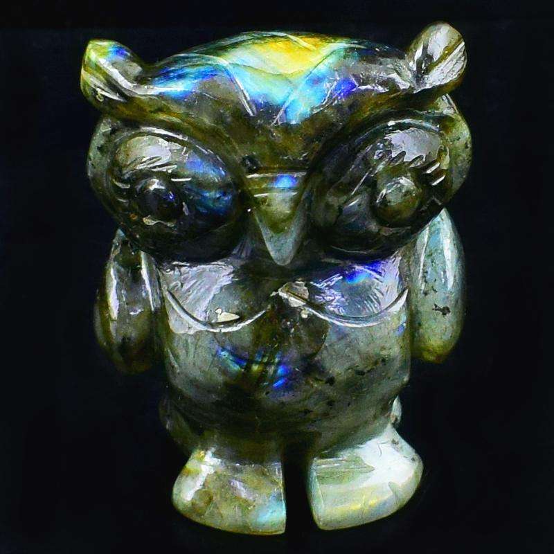 gemsmore:Genuine Blue Flash Labradorite Hand Carved Owl