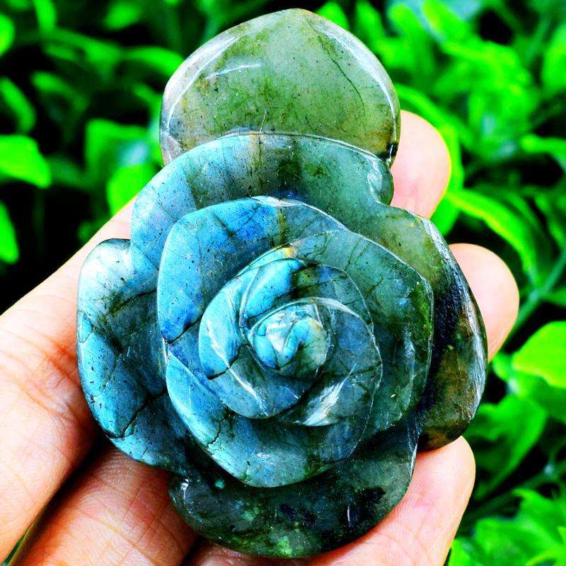 gemsmore:Genuine Blue Flash Labradorite Hand Carved Rose
