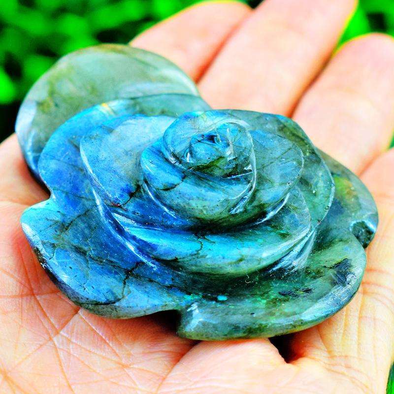 gemsmore:Genuine Blue Flash Labradorite Hand Carved Rose