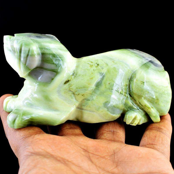 gemsmore:Genuine Forest Green Jasper Hand Carved Dog