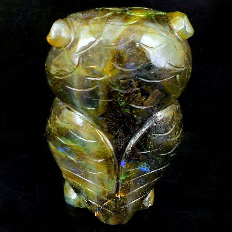 gemsmore:Genuine Golden Flash Labradorite Hand Carved Owl