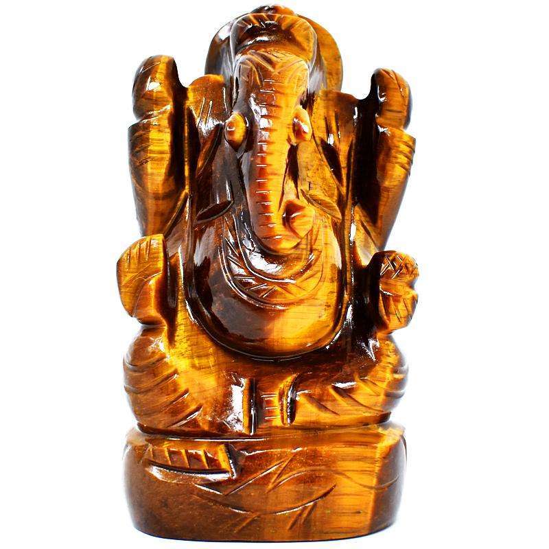 gemsmore:Genuine Golden Tiger Eye Carved Lord Ganesha