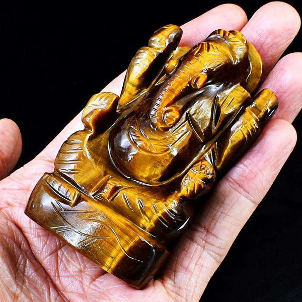 gemsmore:Genuine Golden Tiger Eye Carved Lord Ganesha