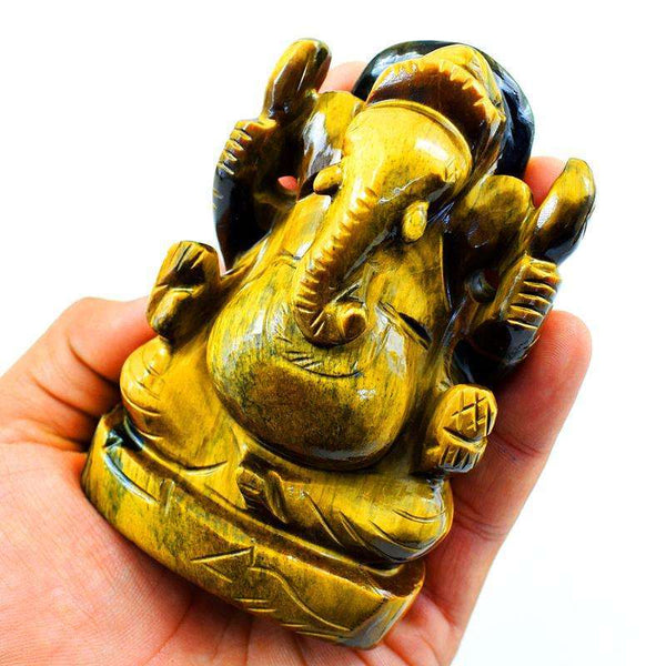 gemsmore:Genuine Golden Tiger Eye Gemstone Carved Lord Ganesha Idol Statute