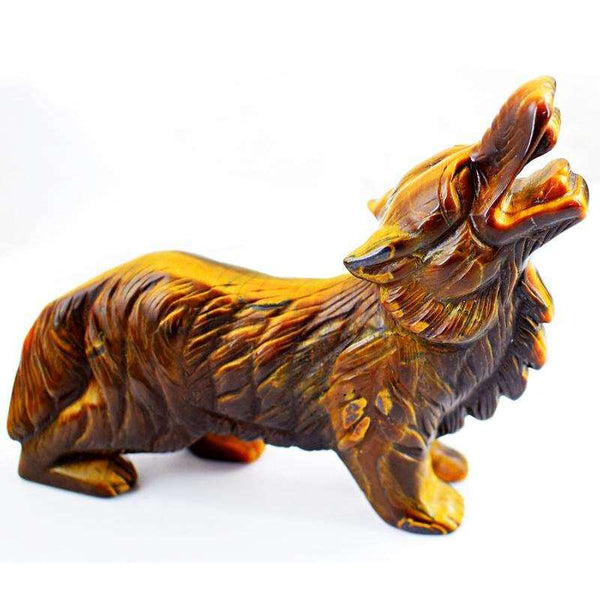 gemsmore:Genuine Golden Tiger Eye Hand Carved Roaring Wolf