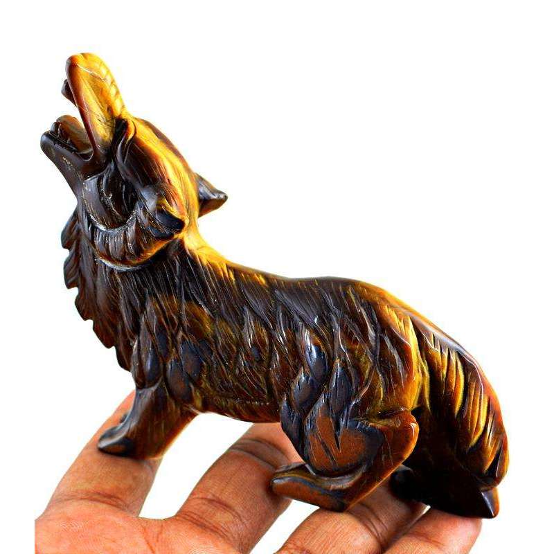 gemsmore:Genuine Golden Tiger Eye Hand Carved Roaring Wolf