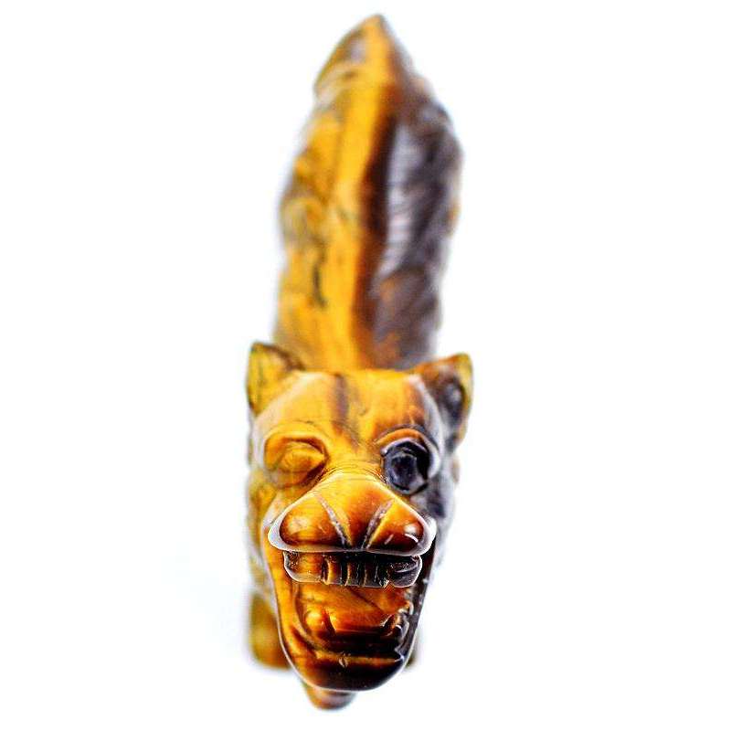 gemsmore:Genuine Golden Tiger Eye Hand Carved Roaring Wolf