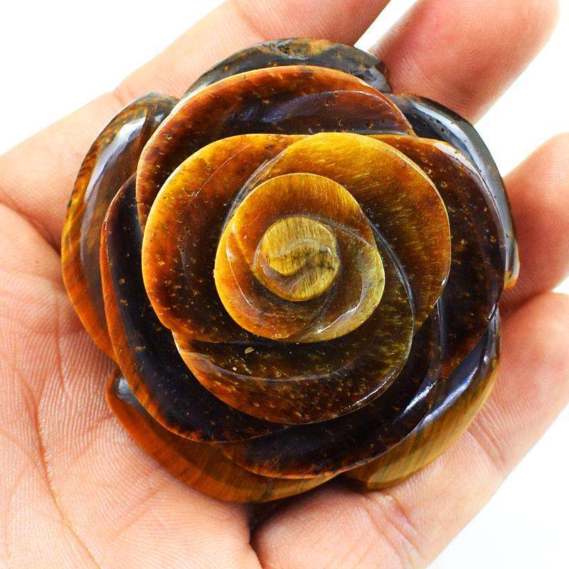 gemsmore:Genuine Golden Tiger Eye Hand Carved Rose Flower