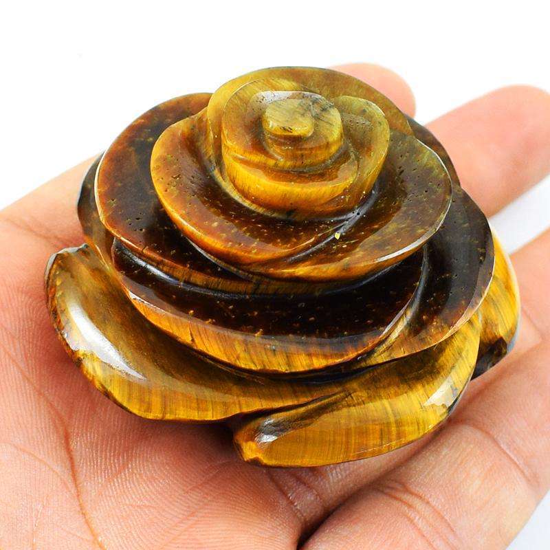 gemsmore:Genuine Golden Tiger Eye Hand Carved Rose Flower