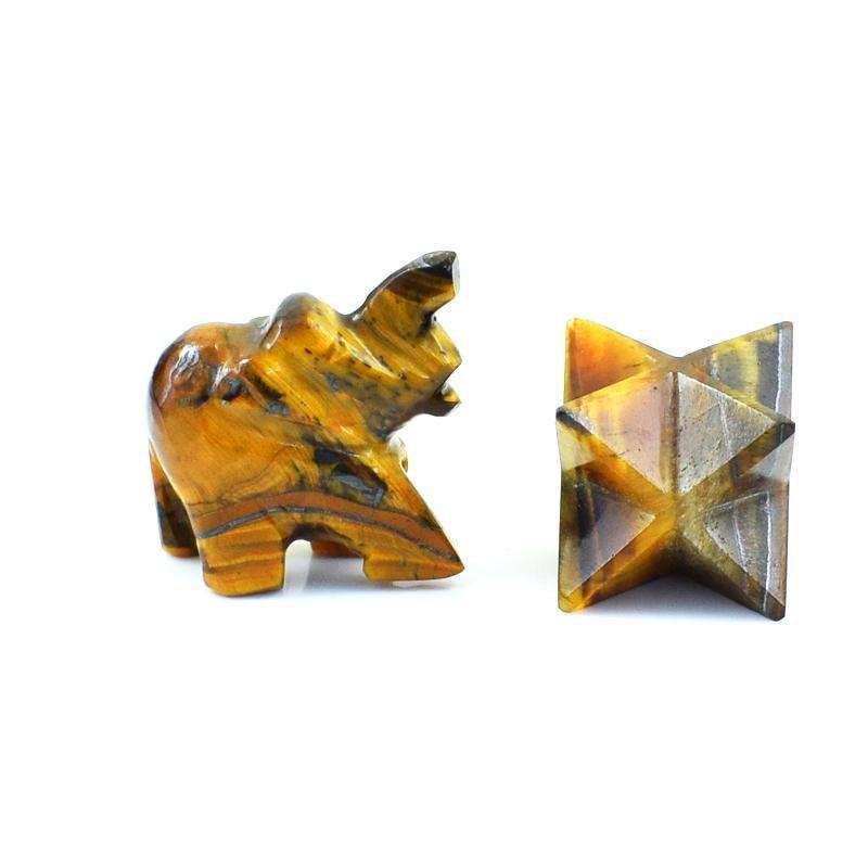 gemsmore:Genuine Golden Tiger Eye Merkaba & Carved Elephant Set