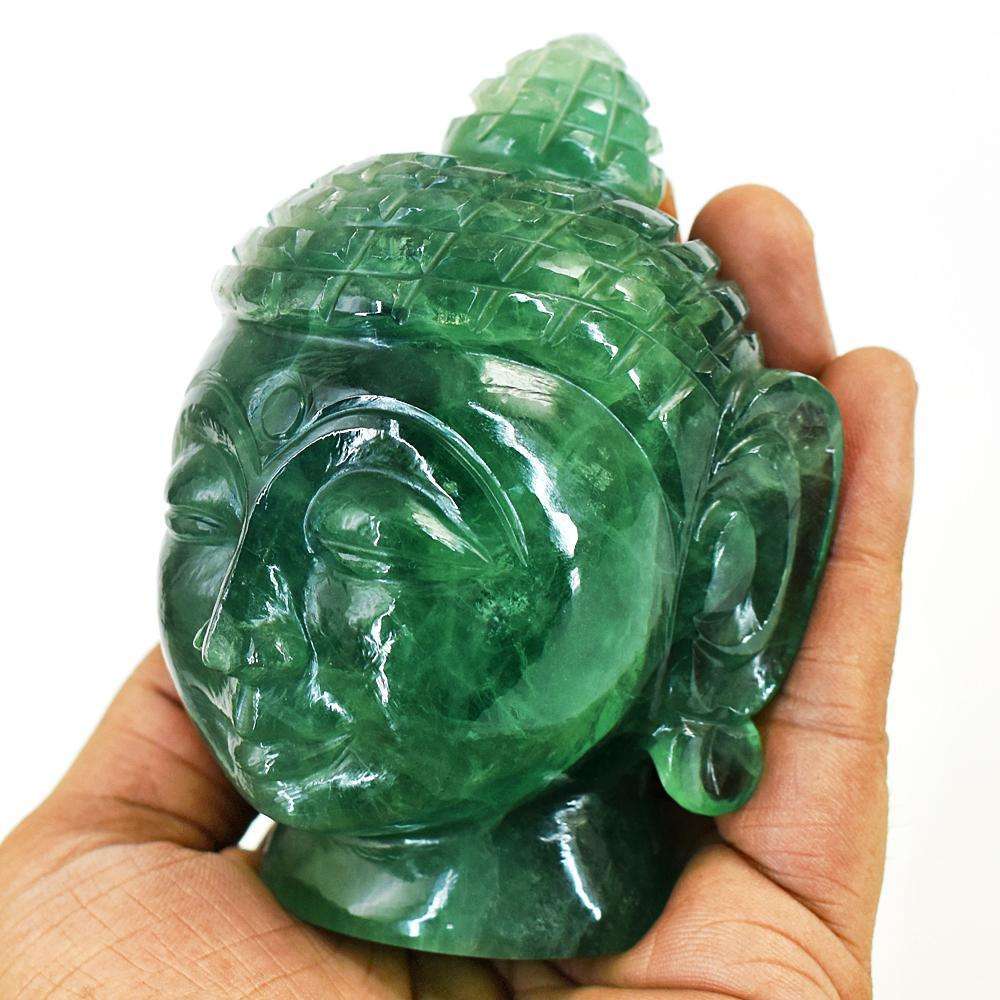 gemsmore:Genuine Green Fluorite Hand Carved Genuine Crystal Gemstone Carving Buddha Head