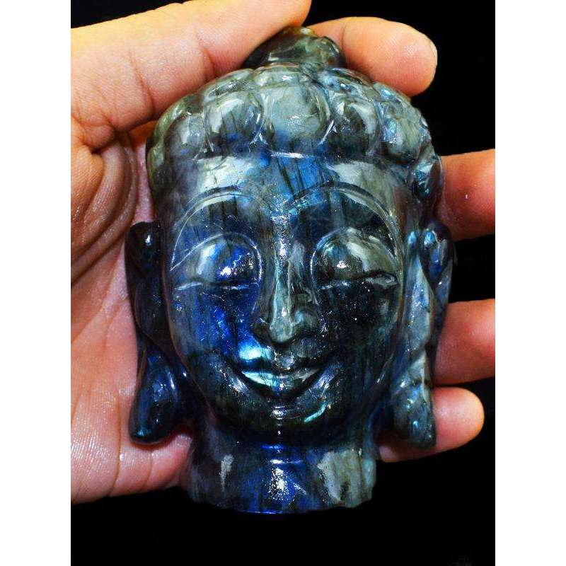 gemsmore:Genuine Labradorite Gemstone Carved Lord Buddha Head Idol